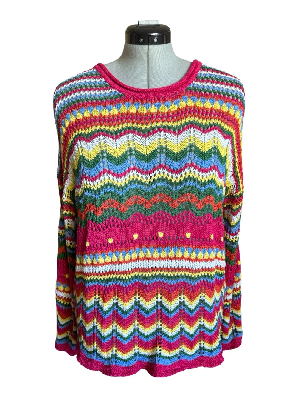Crochet Knit Bell-Sleeve Sweater - Pink Chevron & Rainbow - Oversized - Picture 9 of 10